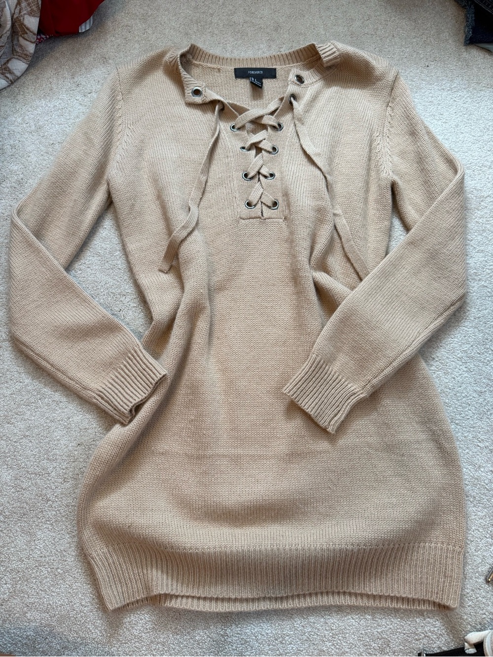Forever 21 Beige Lace-Up Crewneck Sweater Dress